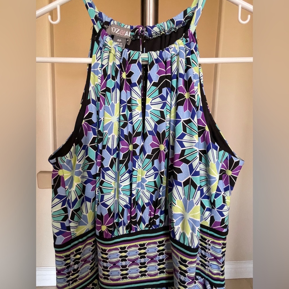 Maxi Dress, multi colored halter neck slit  front top.